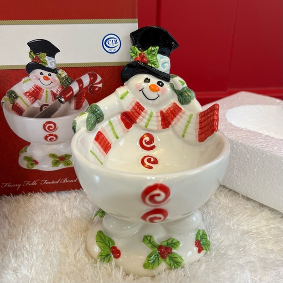 Fitz and Floyd Flurry Folk Snowman
Footed Bowl & Candy Cane Spreader Set-NIB - Picture 3 of 9